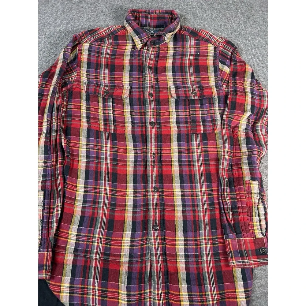 Polo Ralph Lauren Plaid Flannel‎ Shirt Men's M Button Front Red Blue Academia